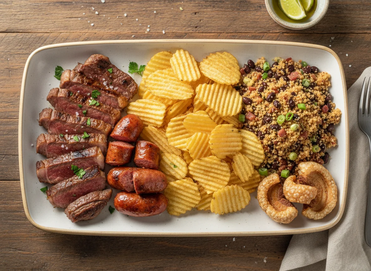 Prato misto com carnes, batata chips e farofa photo