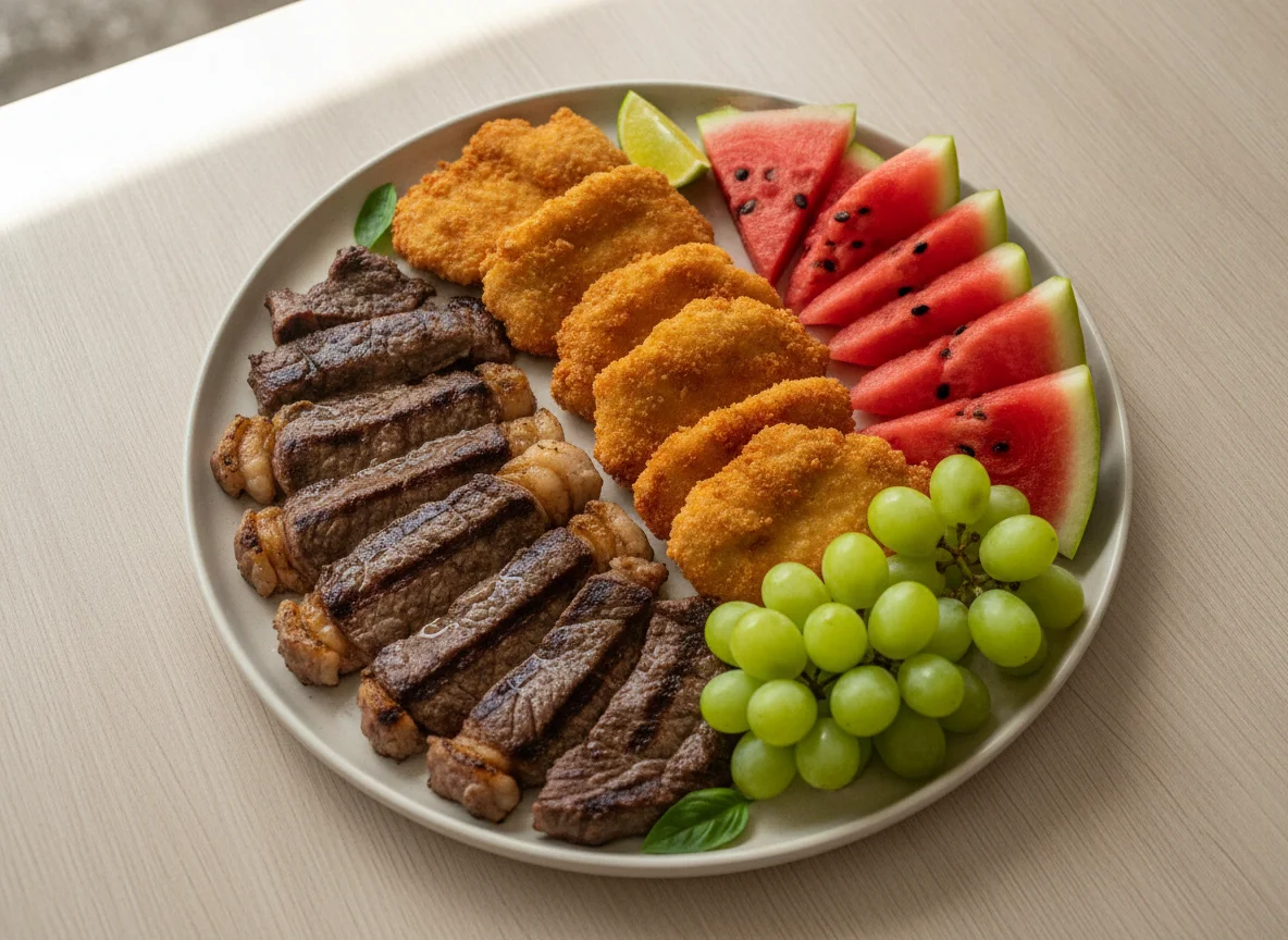 Prato misto com carnes e frutas photo
