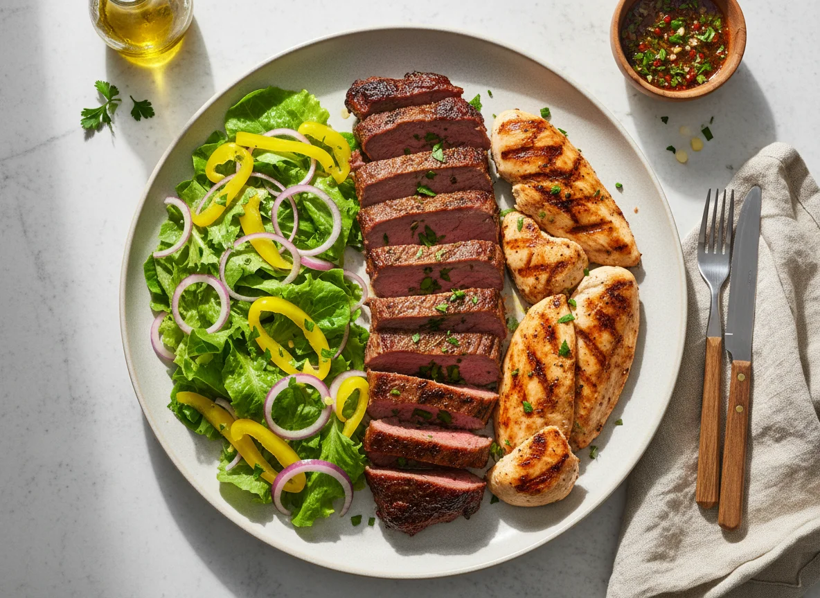 Prato misto com carnes e salada photo