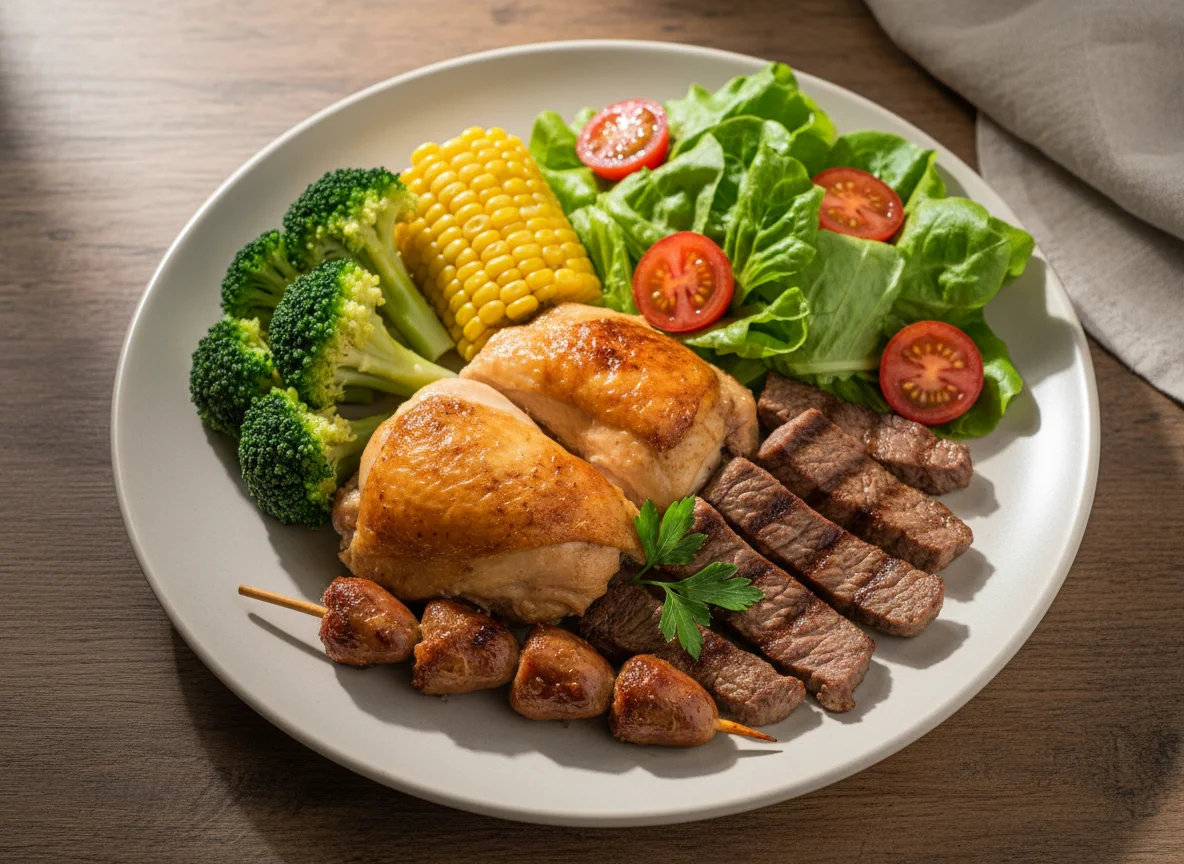 Prato misto com carnes e vegetais photo