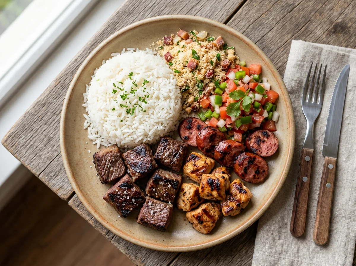 Prato misto com churrasco e acompanhamentos photo