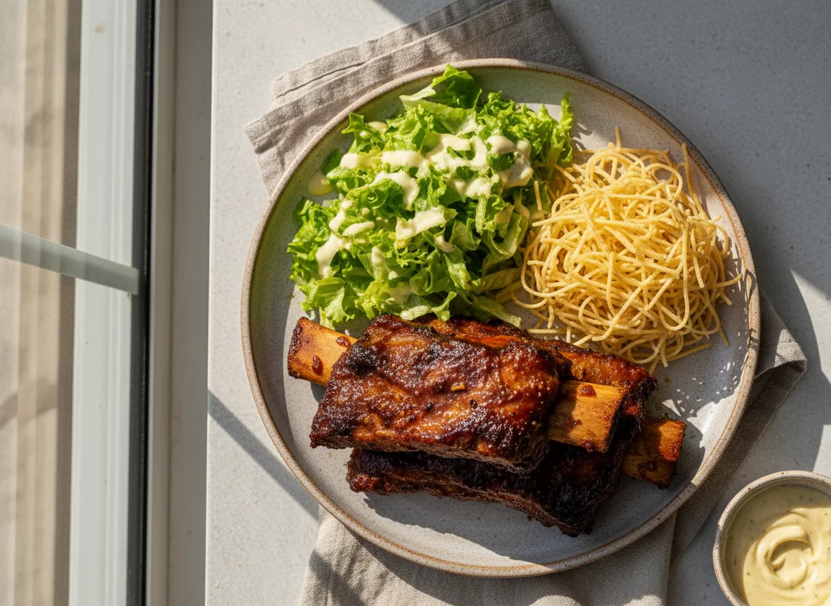 Prato misto com costela, salada e macarrão photo