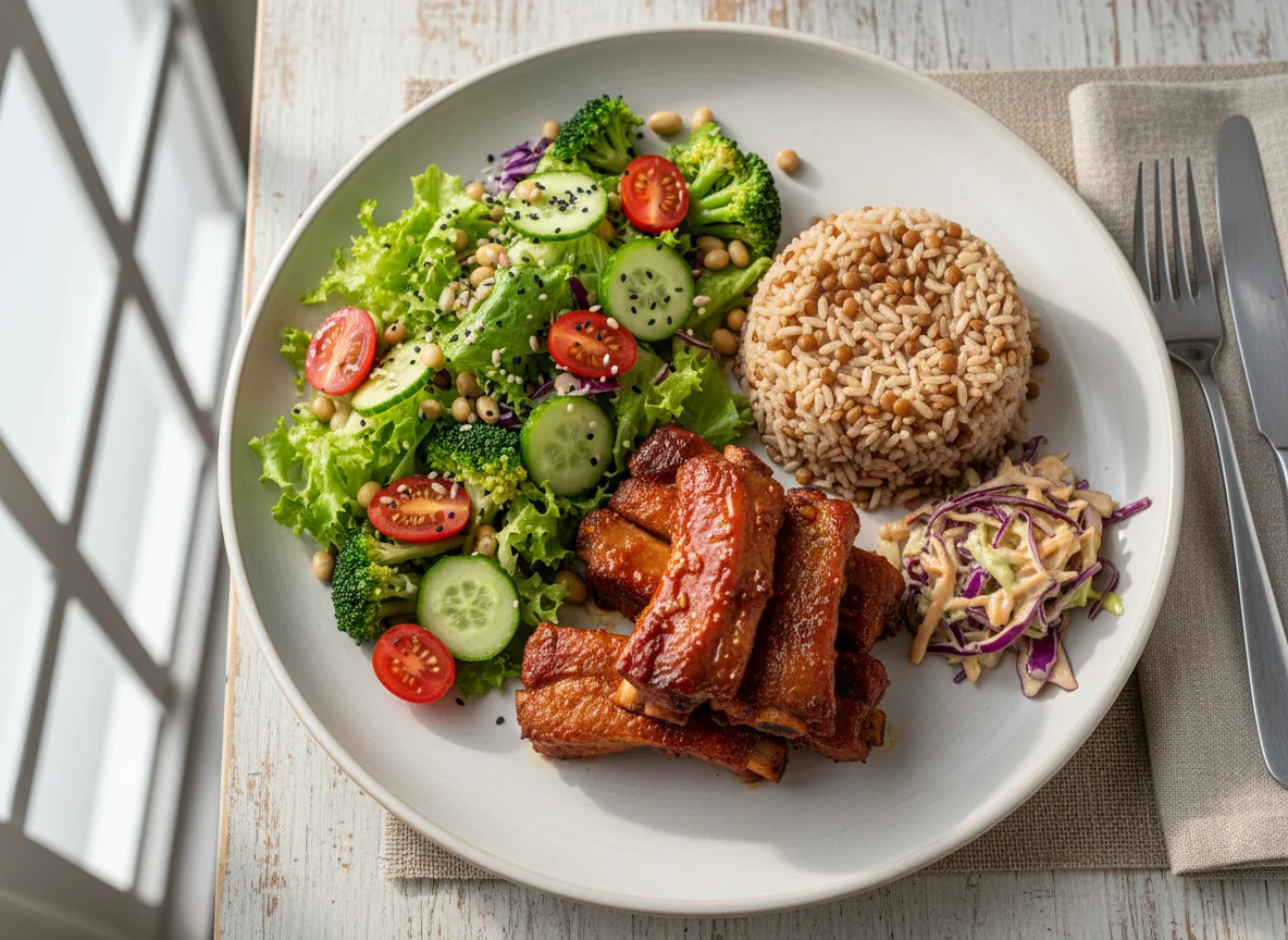 Prato misto com costelinha, arroz e salada photo