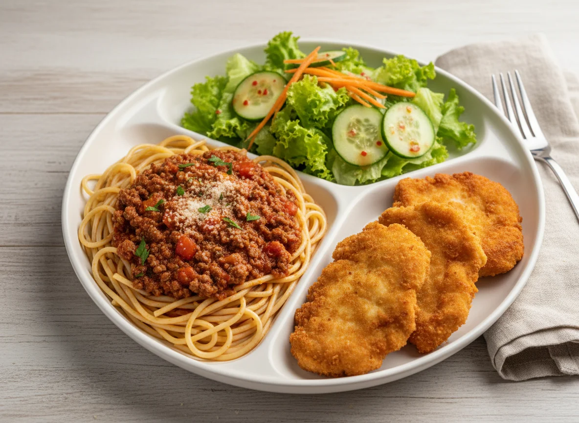 Prato misto com espaguete à bolonhesa, salada e empanados photo