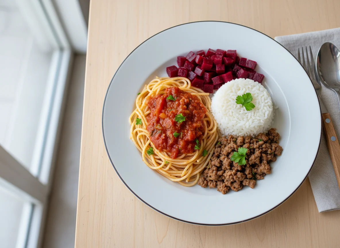 Prato misto com espaguete, arroz, beterraba e carne moída photo