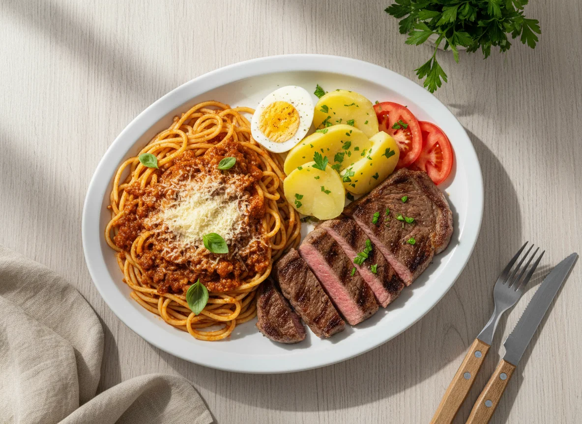 Prato misto com espaguete, carne, batata e ovo photo