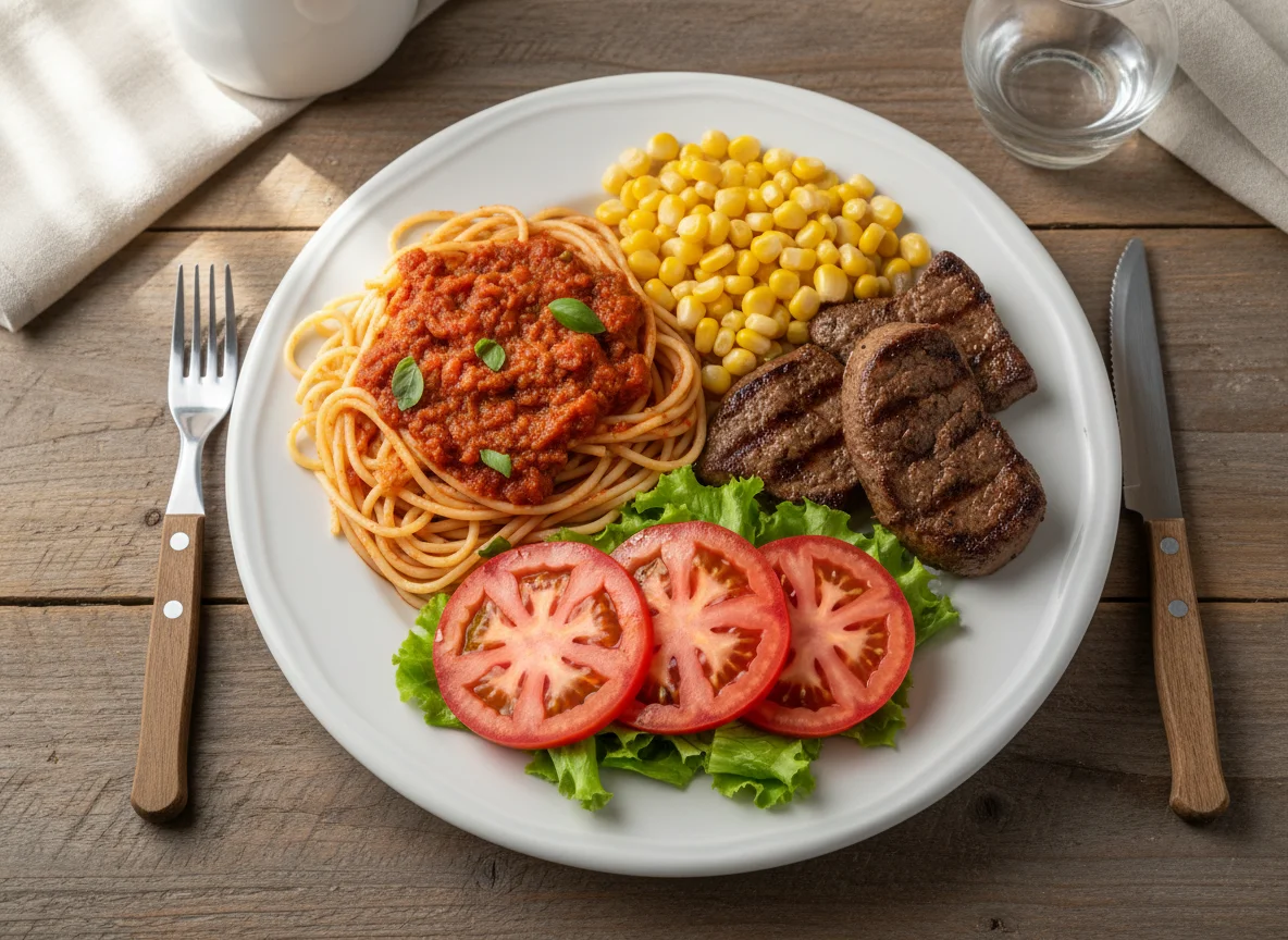 Prato misto com espaguete, carne e salada photo