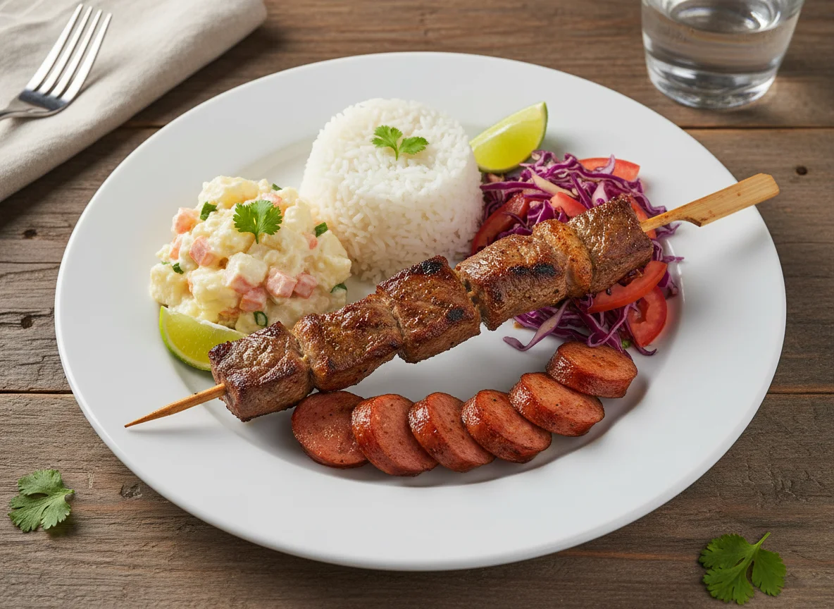 Prato misto com espetinho e saladas photo