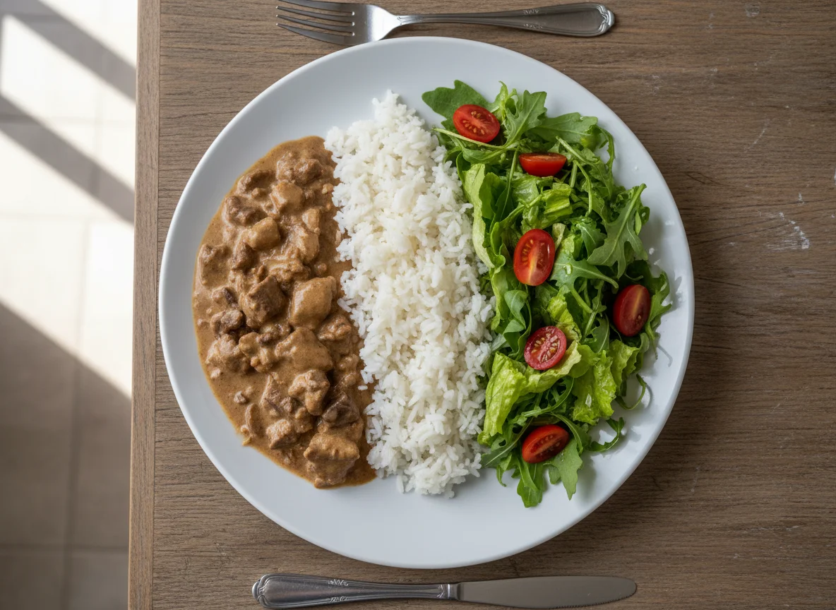 Prato misto com estrogonofe de carne photo