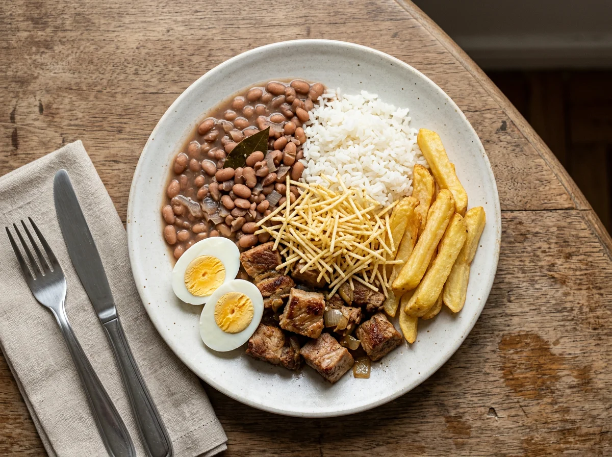 Prato misto com feijão, arroz, batata frita, batata palha, carne de porco e ovos photo