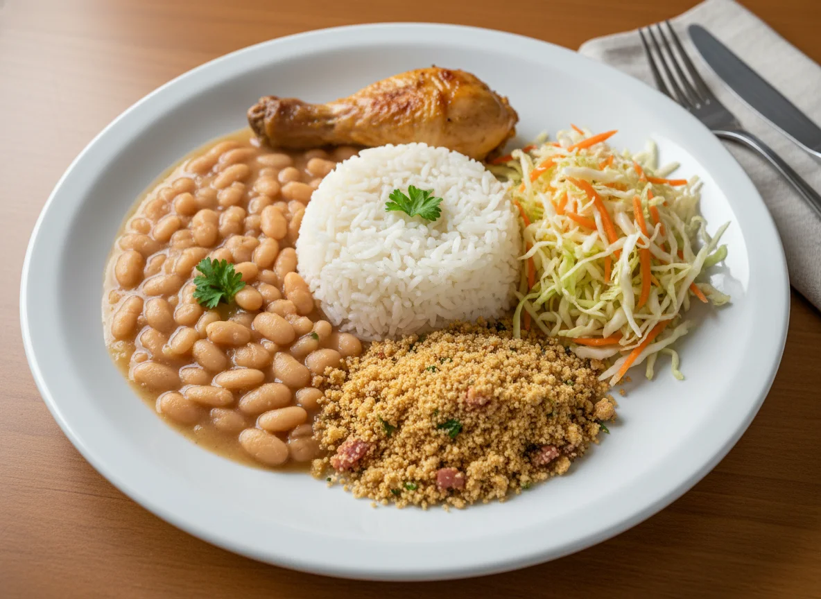 Prato misto com feijão, arroz, farofa e salada photo