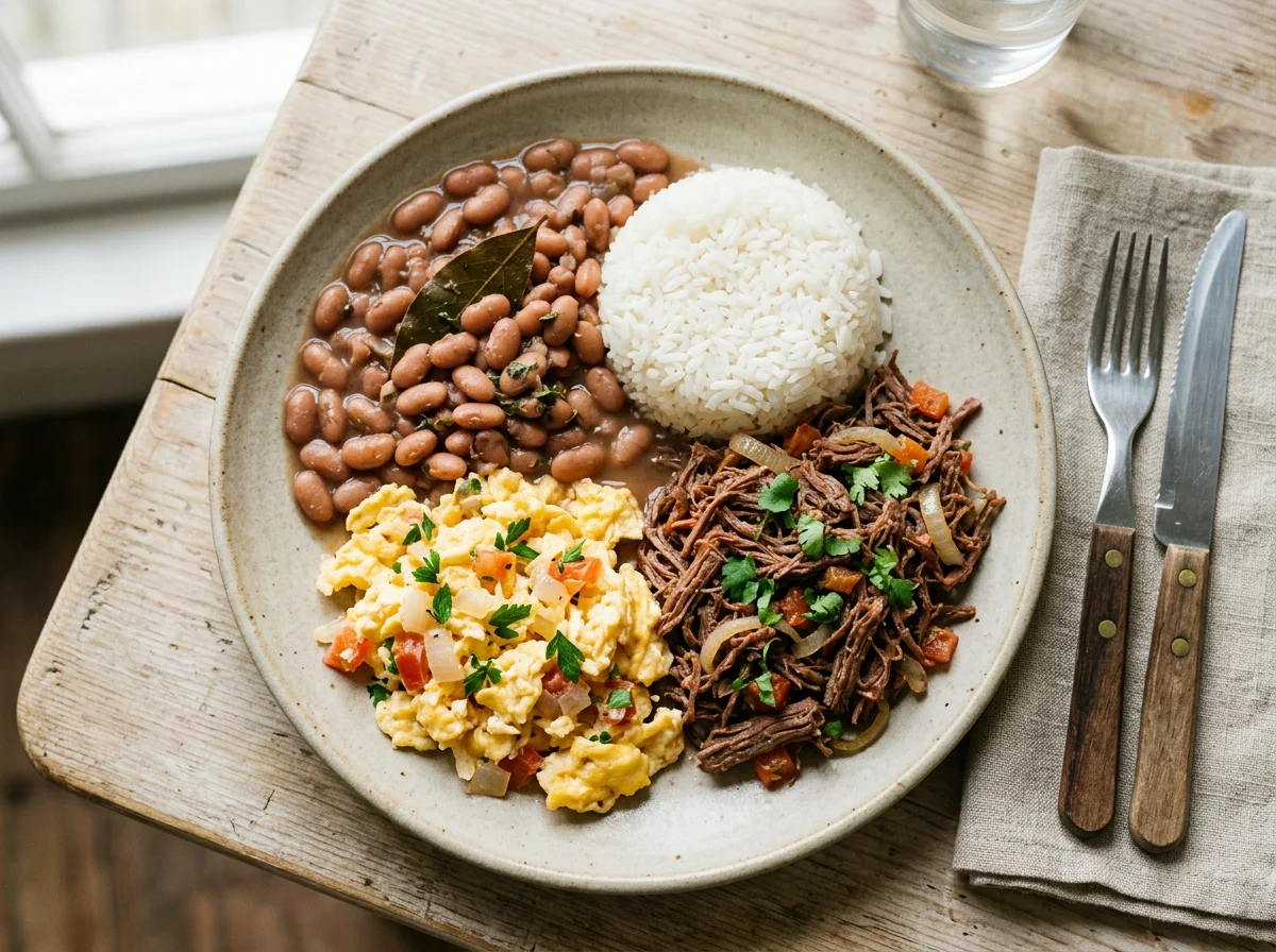 Prato misto com feijão, arroz, ovos mexidos e carne photo
