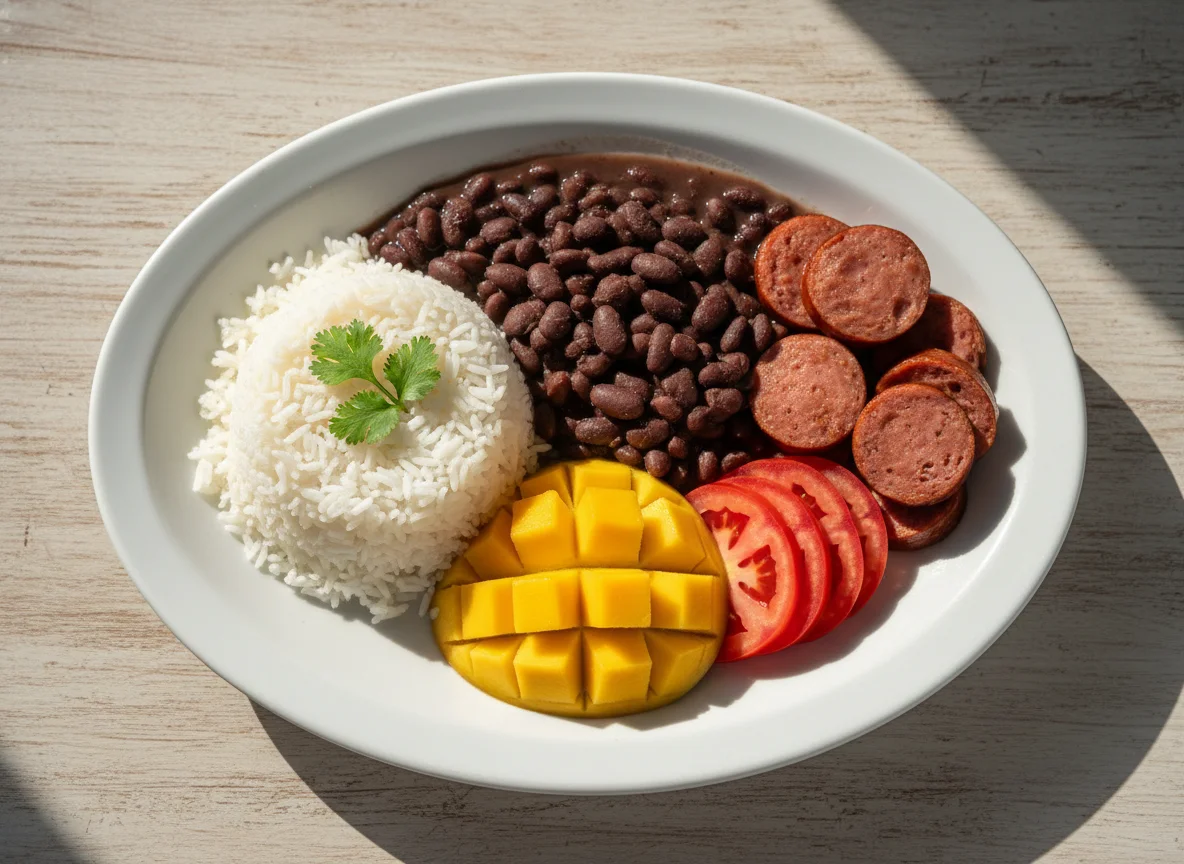 Prato misto com feijão, arroz, tomate, manga e linguiça photo