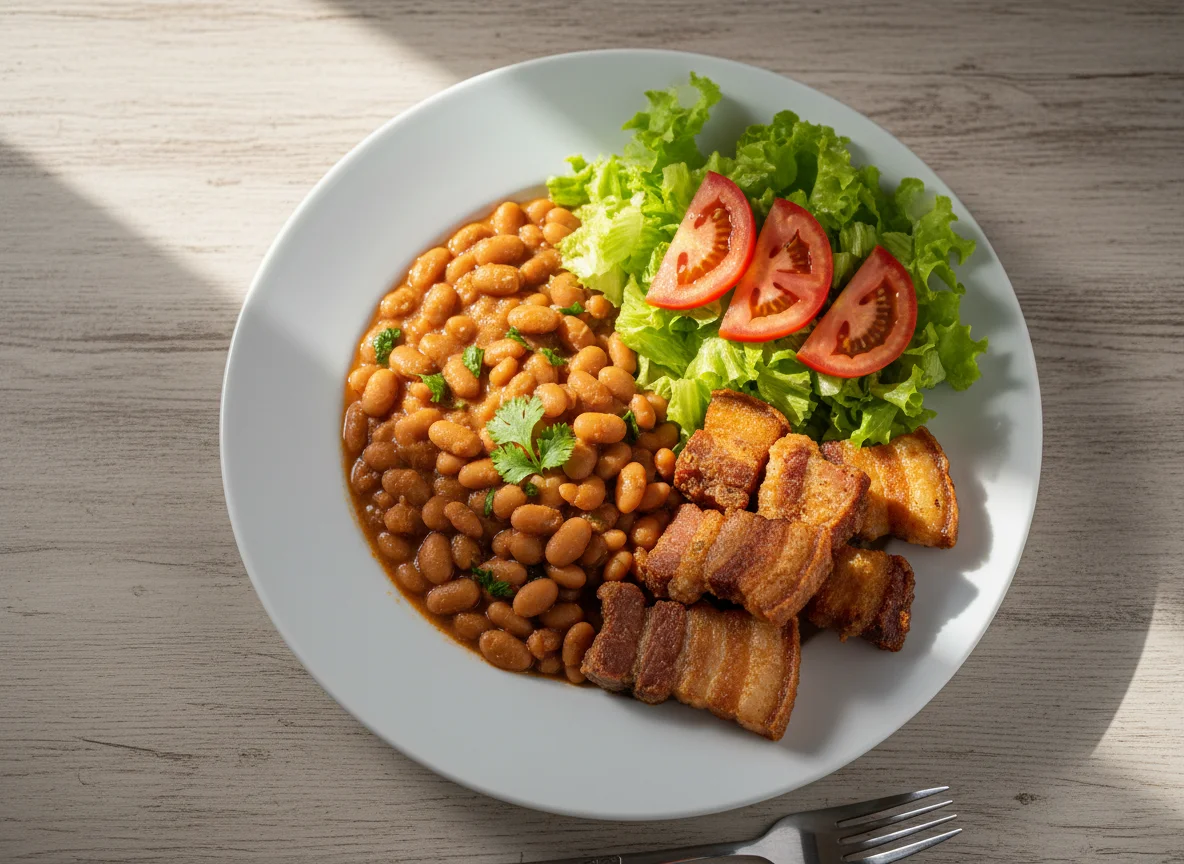 Prato misto com feijão, carne de porco e salada photo