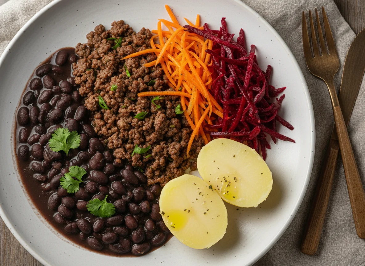 Prato misto com feijão, carne moída e salada photo