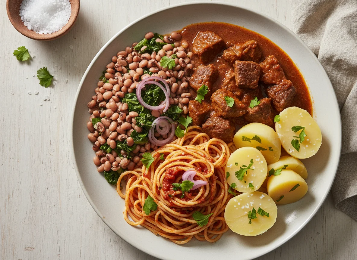 Prato misto com feijão fradinho, carne de panela, macarrão e legumes photo