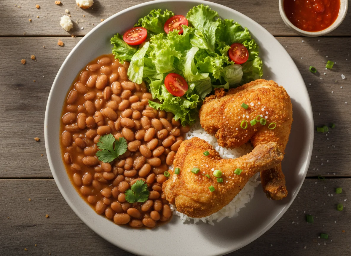 Prato misto com feijão, frango frito e salada photo