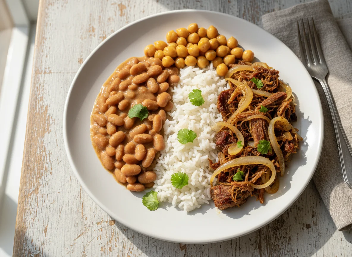 Prato misto com feijão, grão de bico, arroz e carne seca com cebola photo