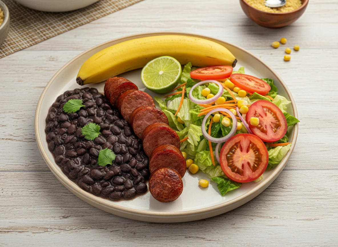 Prato misto com feijão, linguiça, salada e banana photo