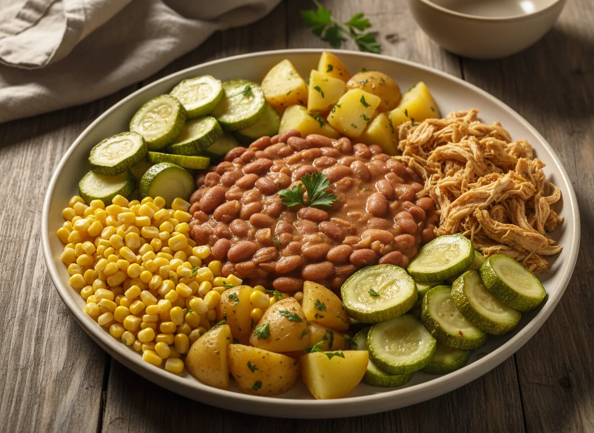 Prato misto com feijão, milho, abobrinha e frango photo