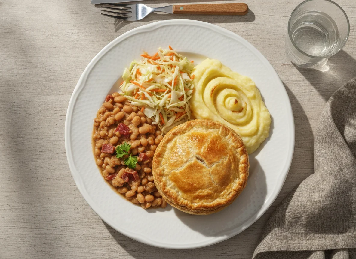 Prato misto com feijão, salada e torta de frango photo