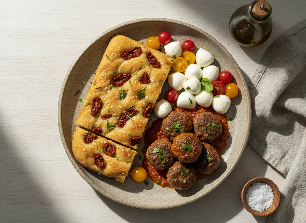 Prato misto com focaccia, almôndegas, muçarela de búfala e tomate cereja photo
