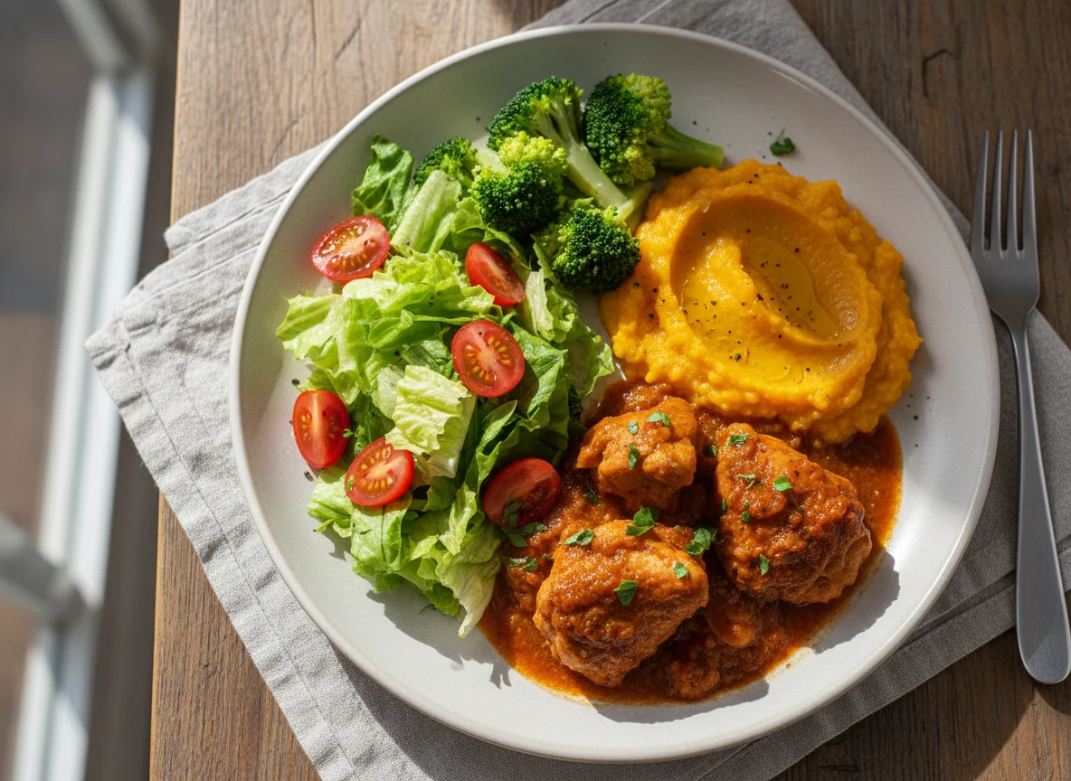 Prato misto com frango, abóbora, brócolis e salada photo