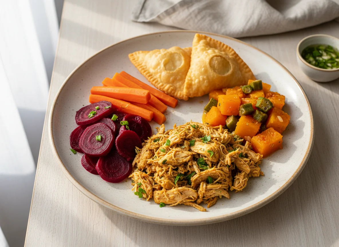 Prato misto com frango, abóbora com quiabo, beterraba e cenoura photo