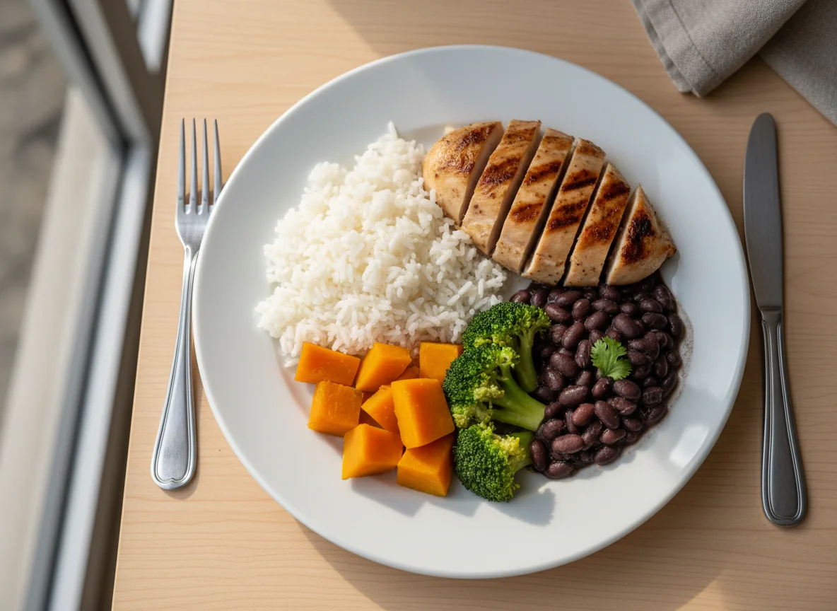 Prato misto com frango, abóbora e brócolis photo