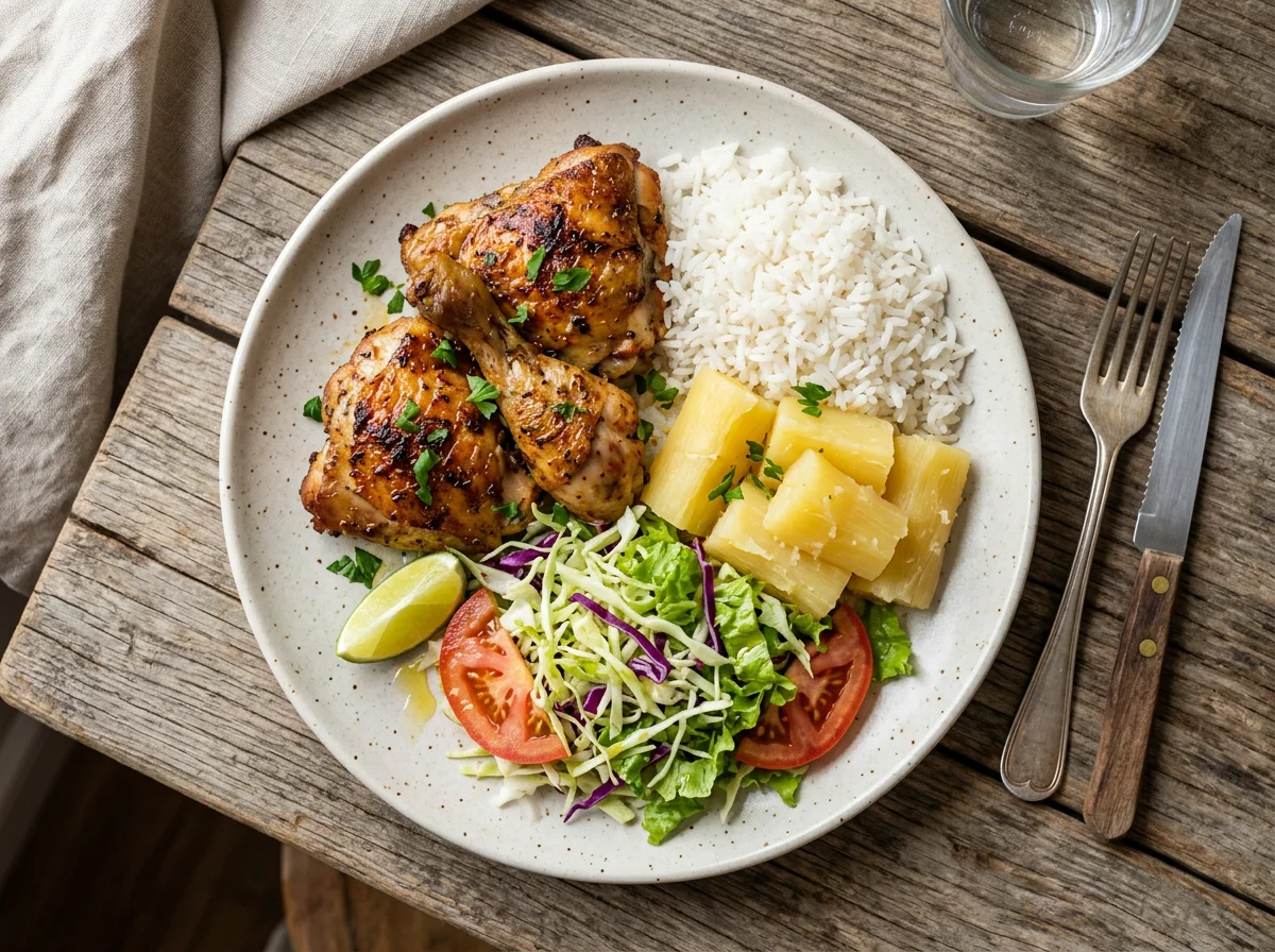 Prato misto com frango, aipim e arroz photo