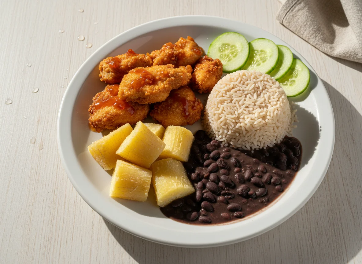 Prato misto com frango, aipim e feijão photo