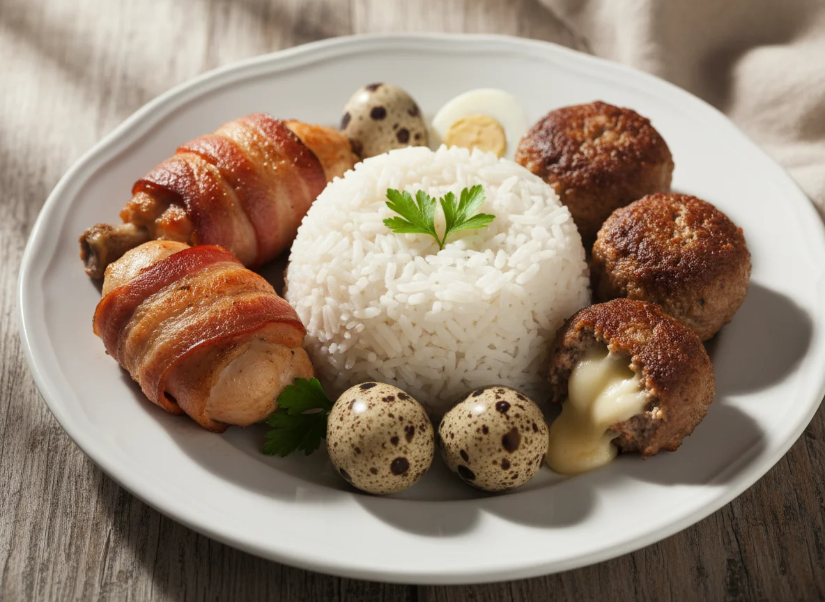 Prato misto com frango, almôndega, ovos de codorna e arroz photo