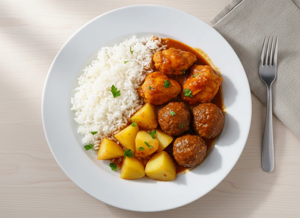 Prato misto com frango, almôndegas e arroz photo