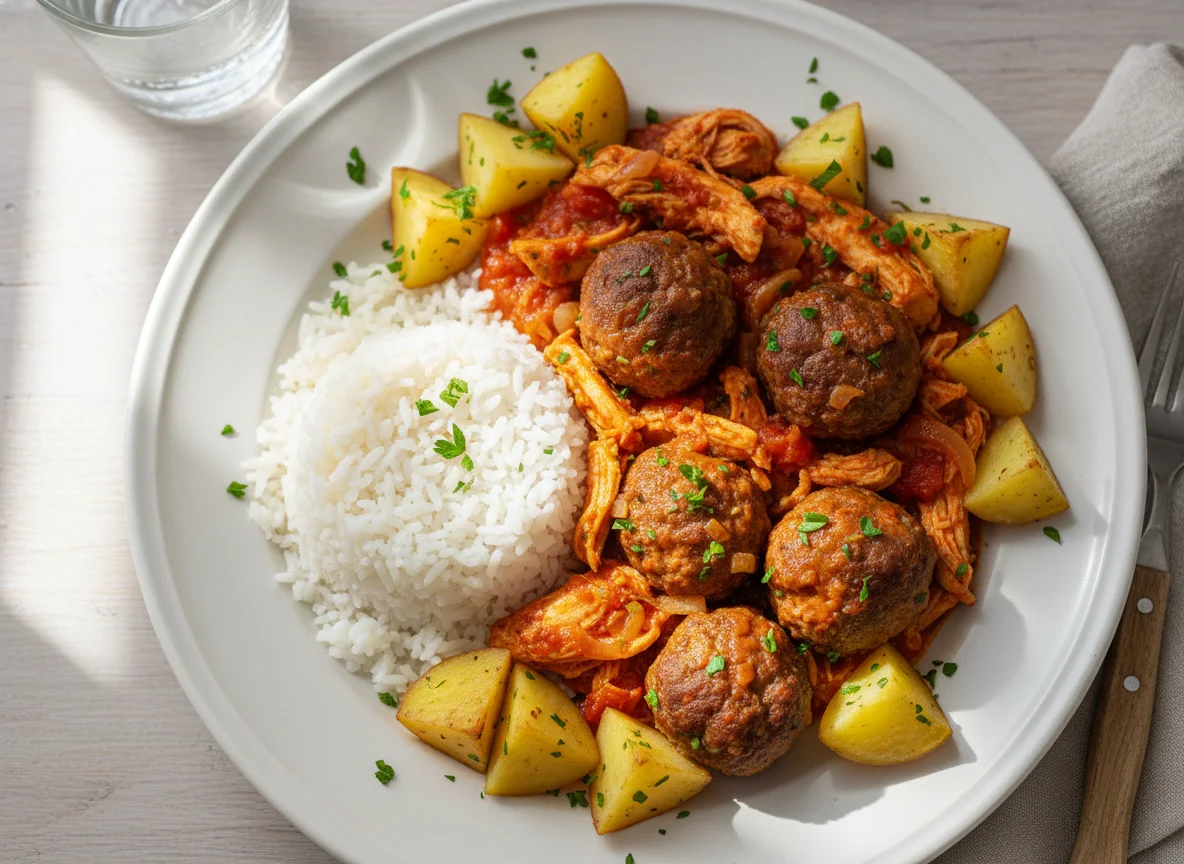 Prato misto com frango, almôndegas e batatas photo