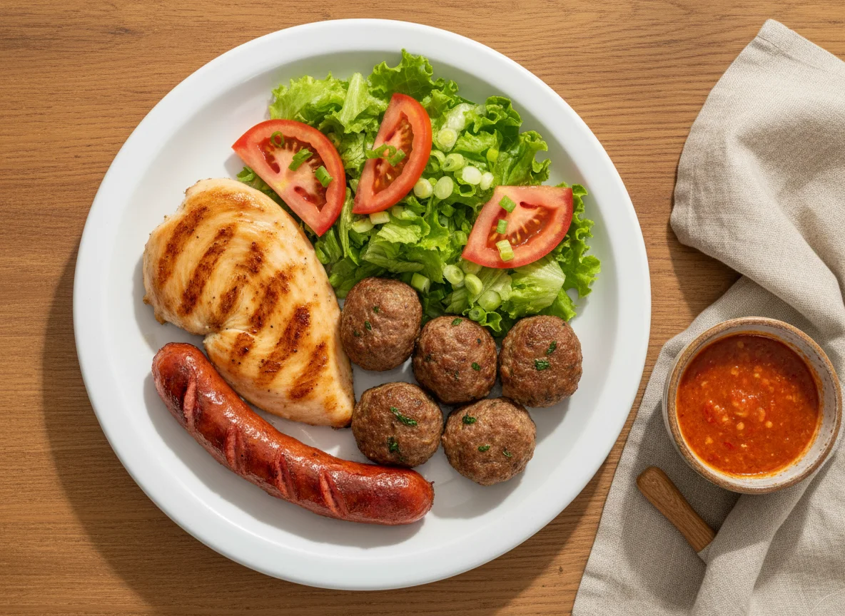 Prato misto com frango, almôndegas e salada photo