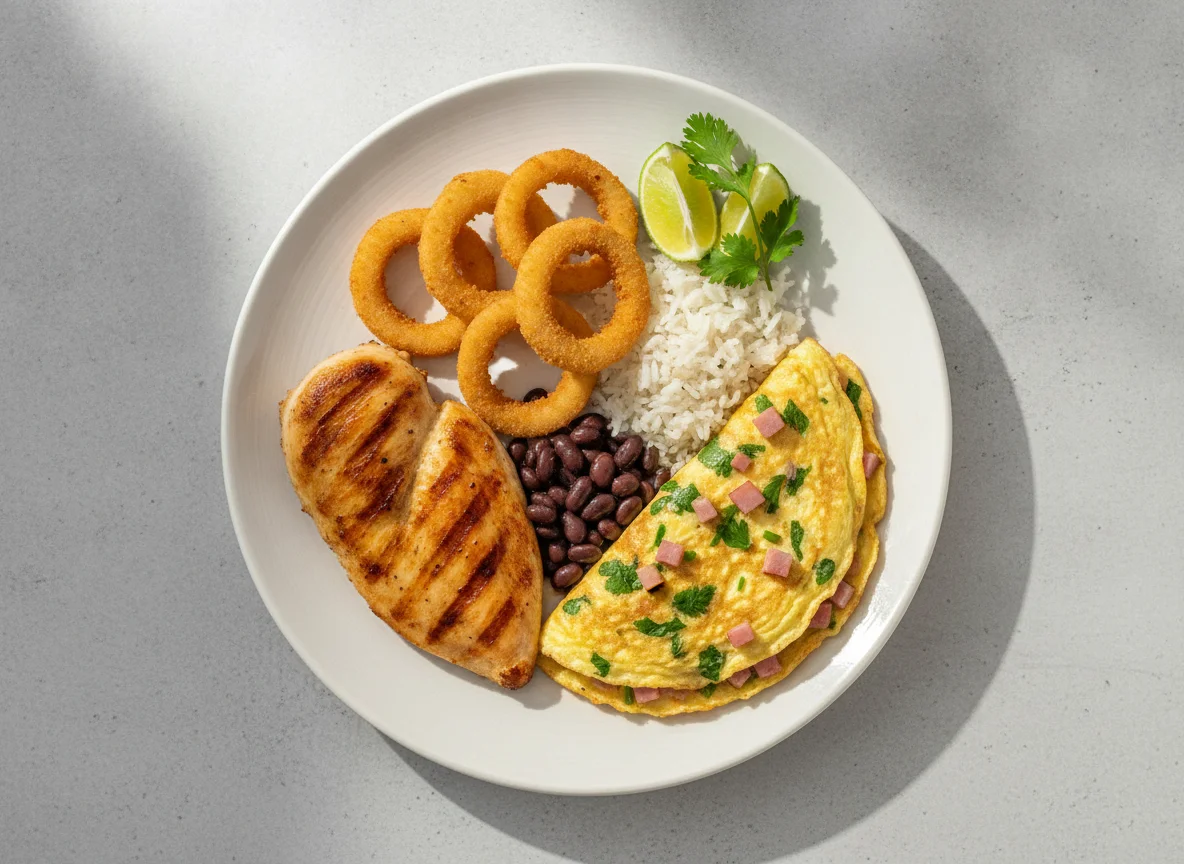 Prato misto com frango, anéis de cebola e omelete photo