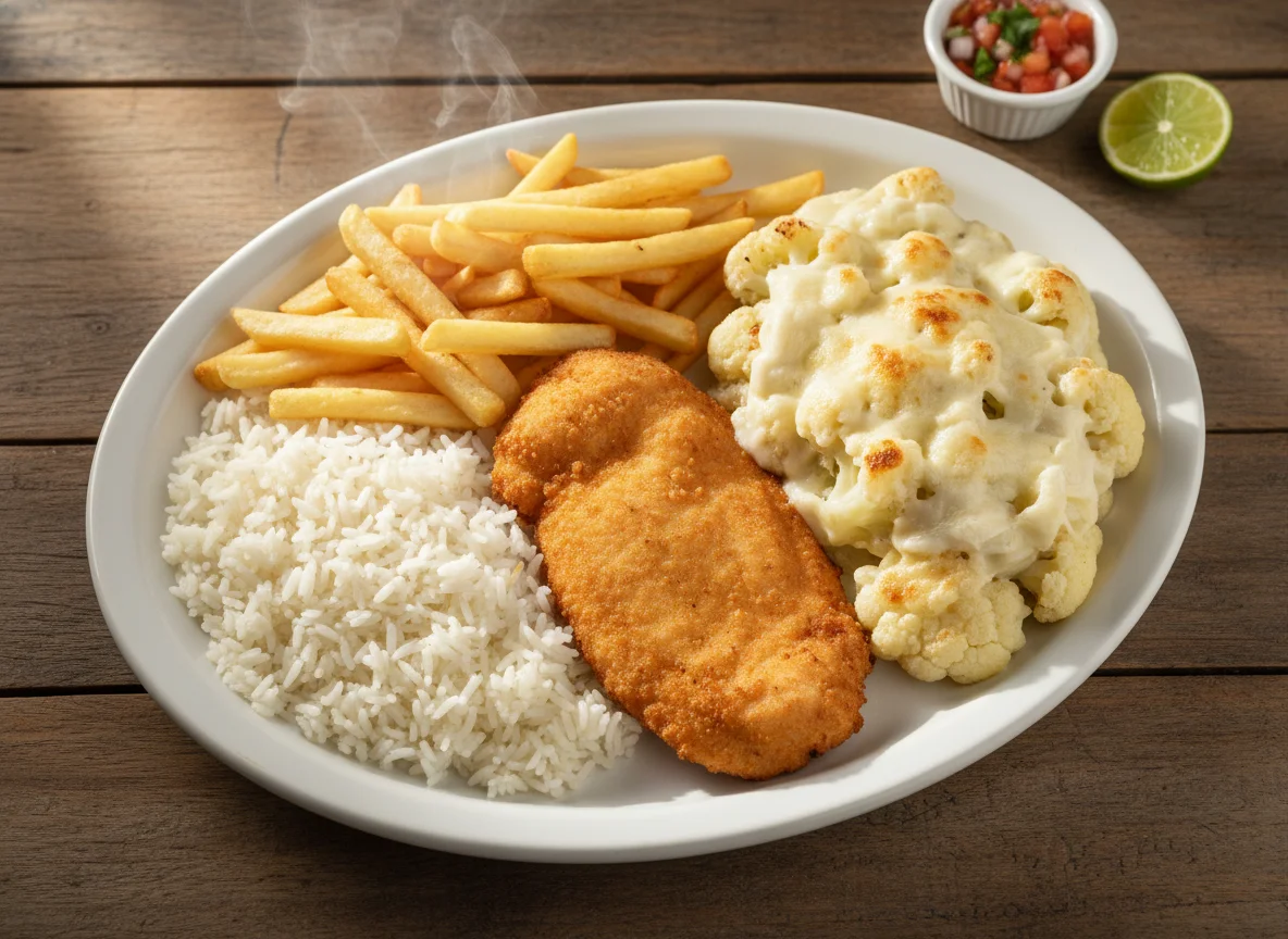 Prato misto com frango, arroz, batata e couve-flor photo