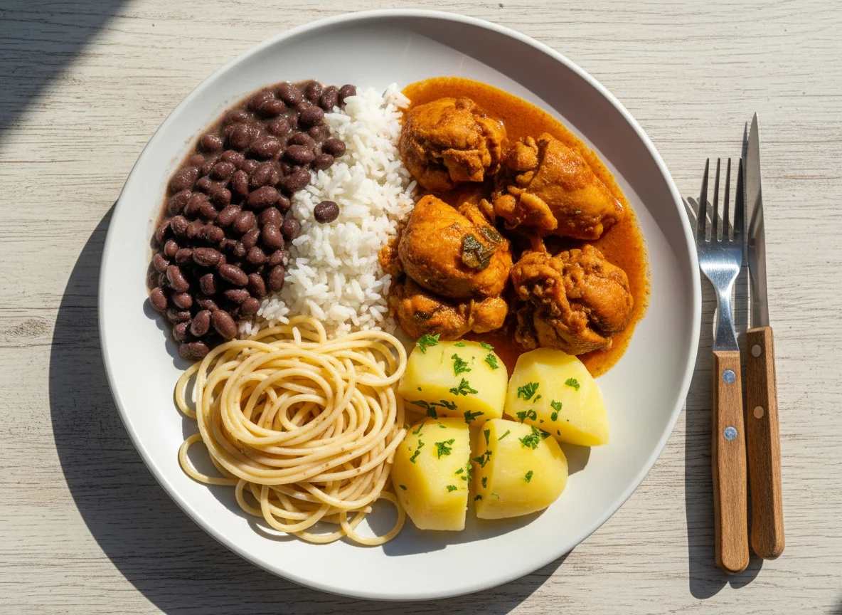 Prato misto com frango, arroz com feijão, macarrão e batata photo