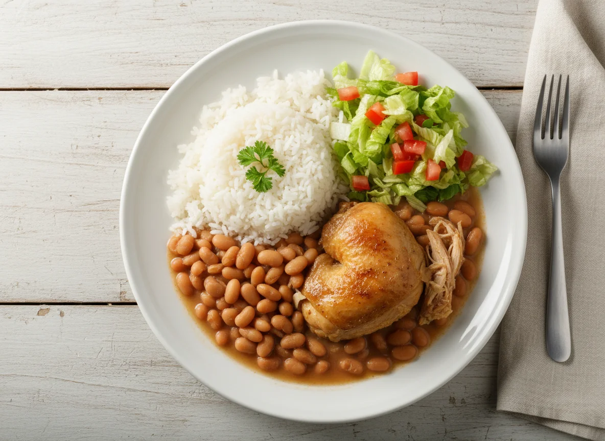 Prato misto com frango, arroz e feijão photo