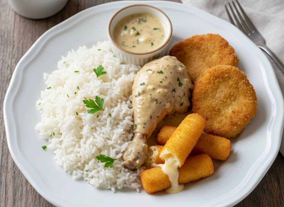 Prato misto com frango, arroz e fritos photo