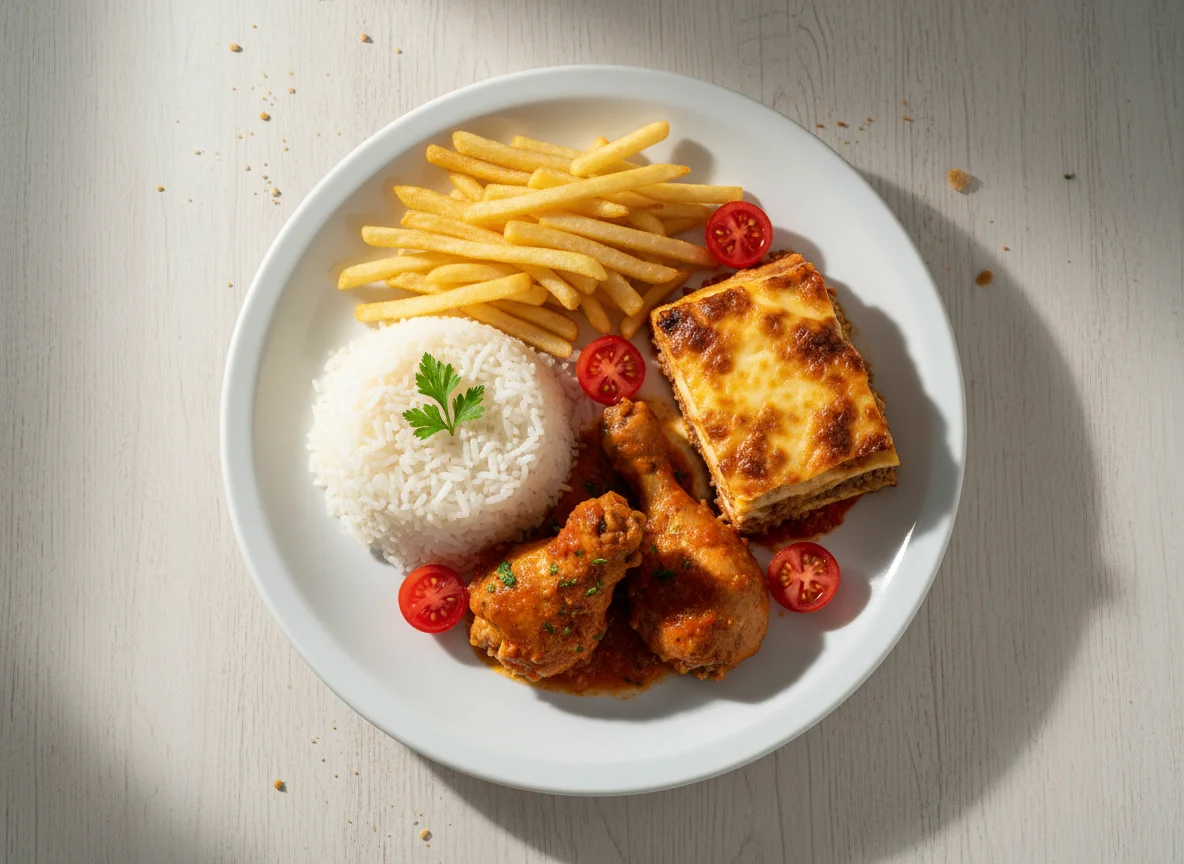 Prato misto com frango, arroz e lasanha photo