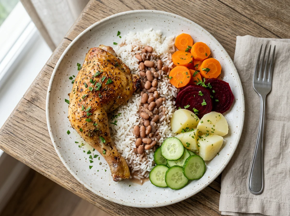 Prato misto com frango, arroz e legumes photo