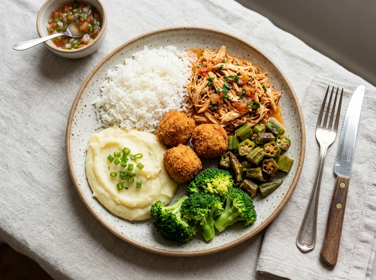 Prato misto com frango, arroz e purê photo