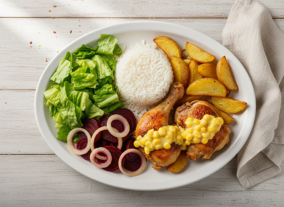 Prato misto com frango, arroz e salada photo