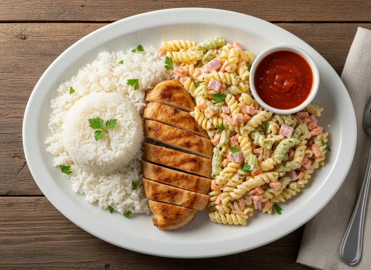 Prato misto com frango, arroz e salada de macarrão photo