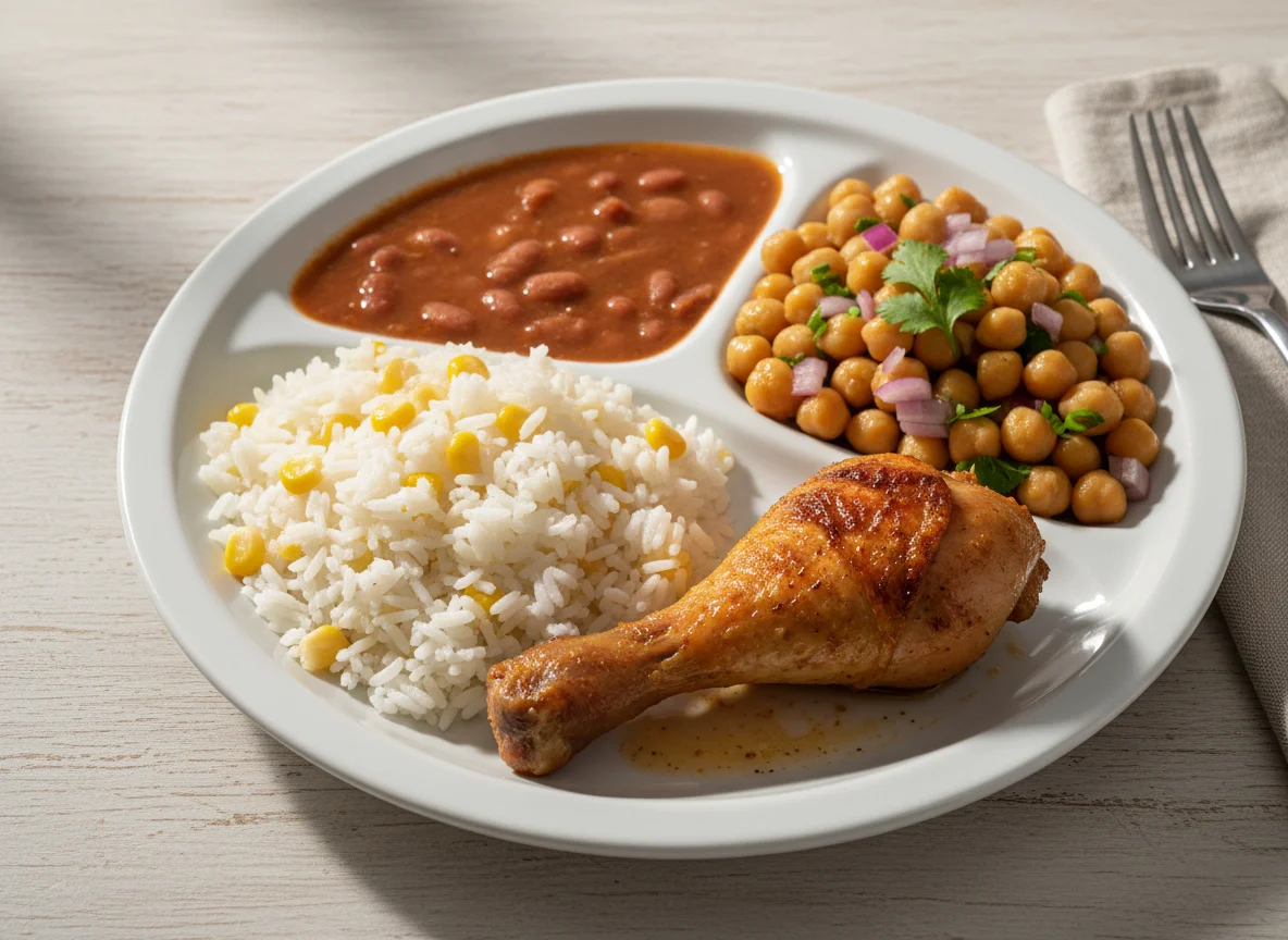 Prato misto com frango, arroz, feijão e grão de bico photo
