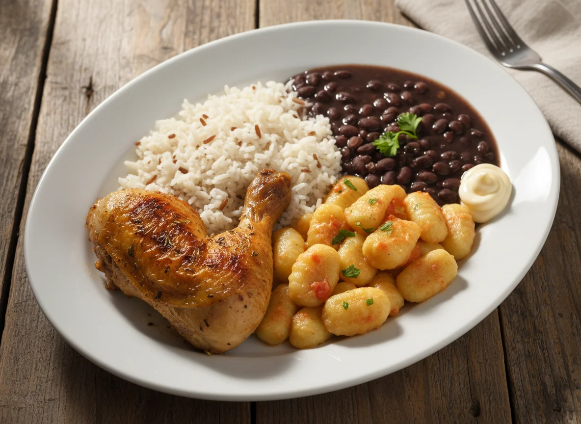 Prato misto com frango, arroz, feijão e nhoque photo