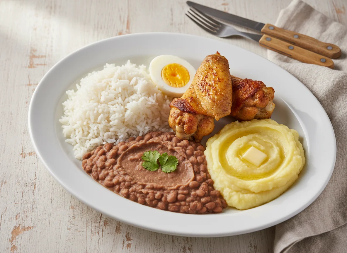 Prato misto com frango, arroz, feijão e purê photo