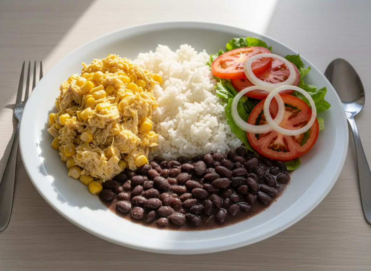 Prato misto com frango, arroz, feijão e salada photo