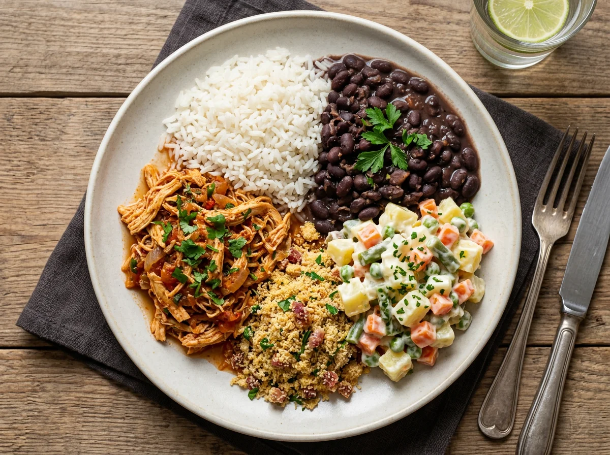 Prato misto com frango, arroz, feijão e salada de maionese photo